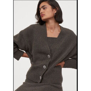 H&M Rhinestone Button Cardigan Boxy V neck‎ Sweater Brown Gray Small Medium